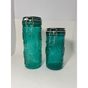 Vintage Teal Blue Glass Fruit Embossed Canisters Wire Bale Clamp Lid Set of 2